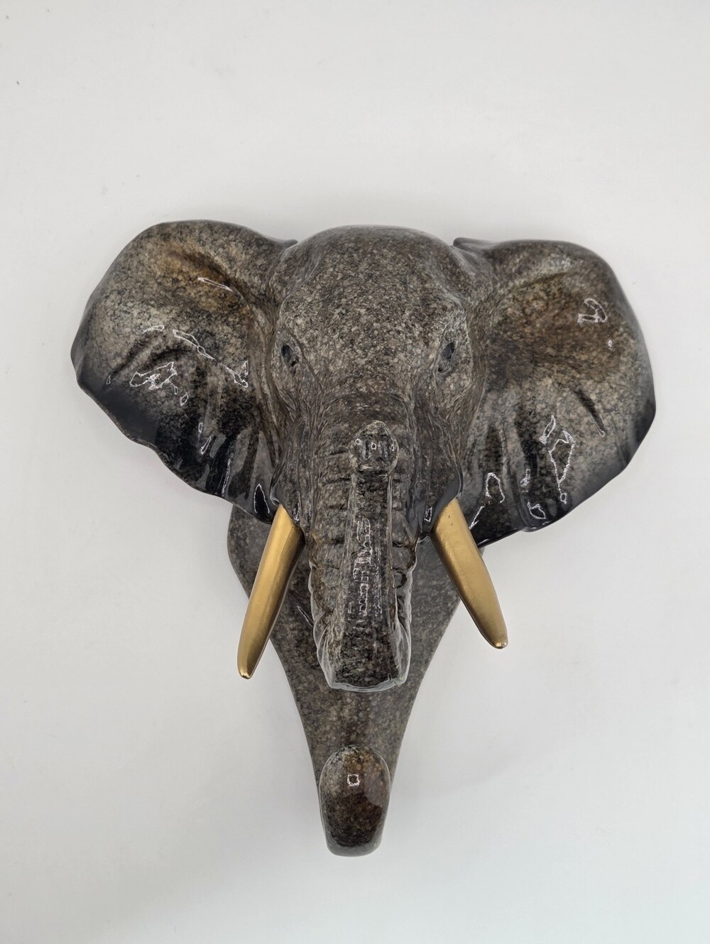 Elephant Head Wall Hook 7” gray/brown with gold tusks